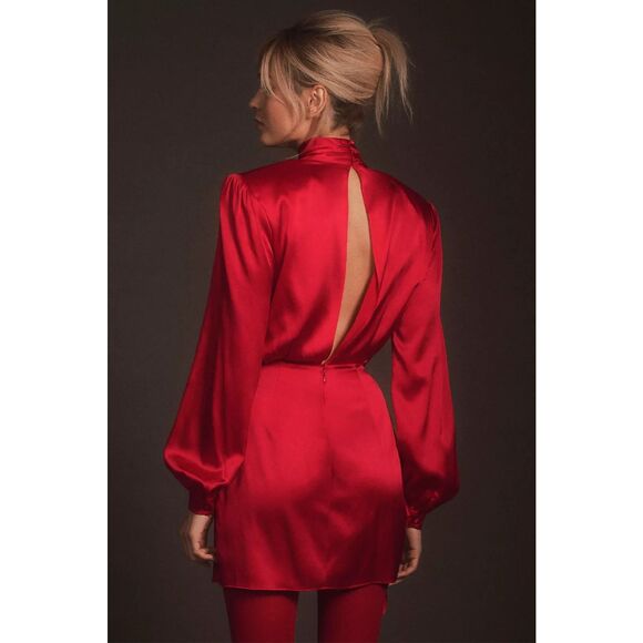 NWT Ronny Kobo Rocky Satin Silk-Blend Long Sleeve Draped Mini Dress Red XL $598 - Picture 3 of 11